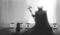  1boy 1other 2025 2d ambiguous_gender animal_ears anthro artist_name asgore_dreemurr beard child cloak commentary crown digital_media droopy_ears english_commentary facial_hair fangs floppy_ears frisk_(undertale) full_body furry furry_male goat goat_boy goat_ears goat_horns grey_background greyscale heart holding holding_polearm holding_trident holding_weapon horns human inktober male mammal mewpet monochrome monster monster_boy pauldrons polearm shaded_face shadow short_hair shorts simple_background size_difference standing sweater trident undertale utdr_(toby_fox) weapon 