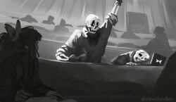  2025 2boys 2d arm_up armor artist_name brothers cape classroom commentary digital_media english_commentary gloves greyscale hollow_eyes hood hood_down hooded_jacket humanoid indoors inktober jacket laptop male male_focus mewpet monochrome monster monster_boy multiple_boys open_clothes open_jacket papyrus_(undertale) sans_(undertale) shirt shorts siblings skeleton teeth undead undertale utdr_(toby_fox) white_shirt 