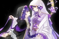  2girls alternate_costume alternate_universe arms_behind_back black_background black_robe black_veil blunt_bangs braid chinese_commentary christianity closed_mouth cosplay cross cross_necklace detached_collar dual_persona electricity electro_symbol_(genshin_impact) face-to-face flower frilled_sleeves frills from_side genshin_impact gradient_hair hair_flower hair_ornament highres holding holding_another's_hair holding_ribbon hood hood_up japanese_clothes jewelry jiokexiansheng kimono layered_clothes leaning_forward light_particles long_braid long_hair long_sleeves looking_at_another looking_down looking_up mitsudomoe_(shape) mole mole_under_eye multicolored_hair multiple_girls necklace off_shoulder parted_lips pendant purple_flower purple_hair purple_kimono purple_ribbon raiden_shogun ribbon robe shade shaded_face single_braid standing statue_of_the_seven statue_of_the_seven_(cosplay) tomoe_(symbol) upper_body veil violet_eyes wavy_hair white_robe white_veil wide_sleeves 