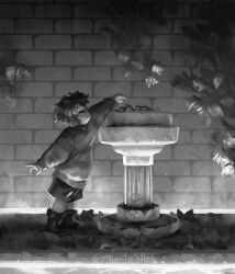  1other 2025 2d ambiguous_gender ankle_boots artist_name boots brick_wall child commentary digital_media double_horizontal_stripe english_commentary frisk_(undertale) full_body greyscale horizontal-striped_clothes human in-universe_location inktober mewpet monochrome other_focus reaching short_hair shorts solo striped_clothes striped_sweater sweater two-tone_sweater undertale utdr_(toby_fox) wall 