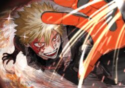  1boy bakugou_katsuki blonde_hair blood blood_on_face boku_no_hero_academia bruise bruise_on_face commentary_request gloves highres injury male_focus open_mouth red_eyes short_hair smile solo spiky_hair taoyaka_taoru teeth twitter_username watermark watermark_grid 