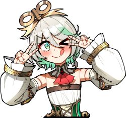  &gt;_o 1girl ;q ascot bare_shoulders blush cecilia_immergreen cecilia_immergreen_(1st_costume) ddolbang detached_sleeves doll_joints double_v eyelashes green_eyes green_hair grey_hair highres hololive hololive_english joints multicolored_hair one_eye_closed red_ascot short_hair smile solo tongue tongue_out transparent_background two-tone_hair upper_body v virtual_youtuber winding_key 