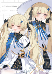  1girl :d alternate_hairstyle black_collar black_gloves blonde_hair blue_sash closed_eyes closed_mouth collar commentary_request gloves grid_background hair_ornament hat highres holding holding_own_hair kuramoto_beta-carotene long_hair looking_at_viewer multiple_views odaibako open_mouth pantyhose phoebe_(wuthering_waves) request_inset sash shirt skirt smile split_mouth translation_request twintails very_long_hair violet_eyes white_background white_hat white_pantyhose white_shirt white_skirt wuthering_waves x_hair_ornament 