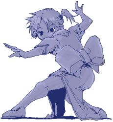  1girl archived_source back_bow blue_theme bow child china_dress chinese_clothes dress fighting_stance flats full_body hair_between_eyes hair_bobbles hair_ornament jaggy_lines kim_soo-min_(image_part) large_bow legs_apart long_dress lowres martial_arts oekaki one_side_up original short_hair short_sleeves simple_background standing white_background 