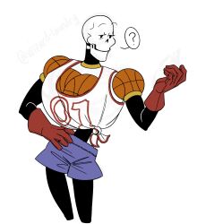  1boy 2023 2d ? armor artist_name ball basketball_(object) closed_mouth cropped_legs digital_media gloves half-closed_eyes hand_on_own_hip hand_up highres humanoid male male_focus male_only monster monster_boy papyrus_(undertale) purple_shorts shorts simple_background skeleton solo spoken_question_mark tank_top teeth third-party_source undead undertale utdr_(toby_fox) white_armor white_background white_tank_top wizard-laundry 