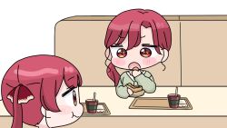  2girls :o :t blush_stickers burger chibi closed_mouth couch cup disposable_cup drinking_straw food hair_between_eyes hair_ribbon hand_up highres holding holding_food hololive houshou_marine long_hair low_ponytail mochimiko multiple_girls on_couch open_mouth ponytail profile red_eyes red_hair red_ribbon ribbon siblings simple_background sisters tray twintails virtual_youtuber wavy_mouth white_background 