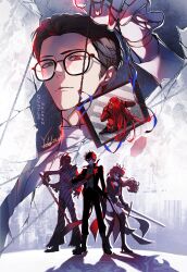  1girl 3boys akechi_gorou amamiya_ren arms_on_head black_cape black_coat black_gloves black_hair black_helmet black_jacket black_leotard black_mask black_mask_(persona_5) black_ribbon cape chain chair closed_mouth coat coattails domino_mask eye_mask glasses gloves hair_ribbon helmet highres holding holding_chain holding_knife holding_sword holding_weapon horned_mask jacket joker_(persona_5) knife leotard long_hair long_sleeves maruki_takuto mask masked multiple_boys necktie persona persona_5 persona_5_the_royal pointed_mask ponytail red_coat red_gloves red_hair red_umbrella ribbon ribbon_baton shirt striped_bodysuit striped_clothes sword torn_cape torn_clothes umbrella vertical-striped_clothes vertical-striped_necktie violet_(persona_5) weapon white_coat white_gloves white_mask white_shirt yoshizawa_kasumi yoshizawa_sumire yoteh 