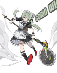  1girl 863255464 absurdres animal_bag apron bandaid bandaid_on_leg bear_bag black_boots black_dress boots character_name circular_saw commentary_request corin_wickes cuffs dress full_body green_hair hair_between_eyes highres holding holding_weapon knee_boots long_hair looking_at_viewer maid maid_apron maid_headdress puffy_short_sleeves puffy_sleeves saw screw_hair_ornament short_sleeves simple_background solo twintails violet_eyes weapon white_background zenless_zone_zero 