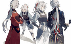 2boys age_difference age_progression aged_down armor blade_(honkai:_star_rail) chinese_clothes crossed_arms grey_hair hair_between_eyes hair_ornament hair_over_one_eye hair_ribbon hand_on_own_hip high_ponytail highres holding honkai:_star_rail honkai_(series) jing_yuan long_hair long_sleeves looking_at_another low_ponytail male_focus mississipping multiple_boys multiple_views ponytail red_ribbon ribbon simple_background tassel white_hair yellow_eyes 