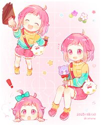  ! 1boy 1girl 2023 :d :o ^_^ aged_down ahoge animal_bag ankle_socks aqua_bow aqua_sweater atashi-tachi_no_happy_end_(project_sekai) bag balloon bare_legs blush_stickers bow child chinese_commentary closed_eyes cohana commentary_request dated flower frilled_shorts frills full_body grandfather_and_granddaughter grid_background hair_bow hair_flaps heart highres holding holding_hands holding_toy invisible_chair long_sleeves looking_at_viewer multiple_views no_pupils no_shoes one_side_up ootori_emu ootori_rakunosuke open_mouth orange_socks orange_sweater outline pink_background pink_eyes pink_flower pink_hair pink_shoes pink_shorts project_sekai puffy_long_sleeves puffy_shorts puffy_sleeves shoes short_bangs short_hair shorts shoulder_bag simple_background single_blush_sticker sitting smile socks standing star_(symbol) sweater tongue toy two-tone_sweater white_flower white_outline 