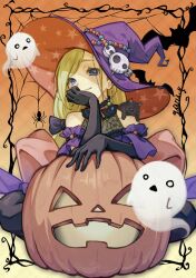  1girl bat_(animal) black_cat blonde_hair blue_eyes bug cat dress elbow_gloves ghost gloves halloween halloween_costume hat highres jack-o&#039;-lantern long_hair looking_at_viewer orange_background original pumpkin purple_dress silk smile solo spider spider_web witch witch_hat yuri_yone 