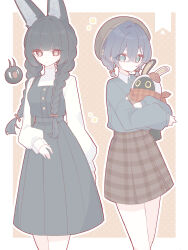  2girls 2others absurdres alternate_costume animal_ear_fluff animal_ears arm_at_side bangboo_(zenless_zone_zero) belle_(zenless_zone_zero) black_dress black_hair blue_hair border bow braid brown_background brown_hat brown_skirt closed_mouth cowboy_shot dotted_background dress floral_print fox_ears fox_girl green_eyes hair_between_eyes hair_bow hair_ornament hat highres holding hoshimi_miyabi light_smile long_hair looking_at_viewer multiple_girls multiple_others plaid_bandana plaid_clothes plaid_skirt red_eyes shirt short_hair skirt sweater tailless_(zenless_zone_zero) turtleneck turtleneck_sweater twin_braids white_border white_shirt white_sweater zenless_zone_zero zzzii0 