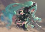  1girl aqua_hair bandaid bipod character_name copyright_name elbow_pads fingerless_gloves gloves hatsune_miku headphones knee_pads load_bearing_vest long_hair megaphone solo thigh-highs thigh_strap twintails very_long_hair visor vocaloid weapon yamaha 