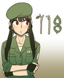  1girl beret black_gloves black_hair commentary_request earrings endou_tatsuya fingerless_gloves gloves green_hat green_shirt hat highres jewelry looking_to_the_side military_uniform red_eyes shirt sidelocks sleeves_rolled_up solo spy_x_family upper_body yor_briar 
