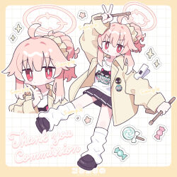  1girl black_shoes black_skirt blue_archive blush candy closed_mouth commission drumsticks food hair_ornament hair_scrunchie halo holding holding_drumsticks index_finger_raised jacket koru_koruno leg_warmers long_sleeves multiple_views natsu_(band)_(blue_archive) natsu_(blue_archive) open_clothes open_jacket parted_lips pink_hair pleated_skirt ponytail red_eyes scrunchie shirt shoes sidelocks simple_background skeb_commission skirt sparkle t-shirt v white_leg_warmers white_shirt yellow_jacket 