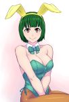  1girl :&gt; animal_ears blush bowtie breasts brown_eyes bunnysuit cleavage detached_collar fake_animal_ears green_hair idolmaster large_breasts leotard mole oku_(okumen) otonashi_kotori pantyhose rabbit_ears revision short_hair sitting smile solo 