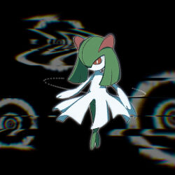  1girl black_background blurry blurry_background bright_pupils candle_(allotas) colored_skin commentary crossed_ankles flat_chest full_body glitch green_skin highres kirlia looking_afar multicolored_skin no_feet no_mouth pokemon pokemon_(creature) red_eyes solo standing two-tone_skin white_pupils white_skin 