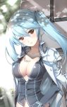  1girl bangs blue_hair blush breasts cleavage highres jacket kuro_(kuronell) large_breasts long_hair looking_at_viewer luthica_preventer open_clothes open_shirt red_eyes solo sword_girls twintails 