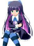  1girl green_eyes long_hair multicolored_hair naka panty_&amp;_stocking_with_garterbelt purple_hair simple_background sitting skirt solo stocking_(psg) striped striped_legwear thighhighs two-tone_hair very_long_hair white_background 