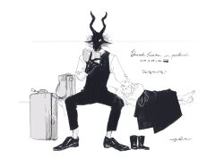  1boy 1girl arm_hug bag body_fur book child commentary_request english_text furry furry_male greyscale highres holding holding_book horns lying monochrome nagabe on_back reading satchel sensei_(totsukuni_no_shoujo) shiva_(totsukuni_no_shoujo) short_hair simple_background sitting sleeping suitcase tail totsukuni_no_shoujo translation_request under_covers vest white_background 