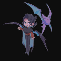  1boy alternate_costume arm_up bat_wings beard_stubble belt black_background black_hair black_pants black_shoes black_wings blue_cloak candle_(allotas) cloak commentary crobat crown deformed facial_hair fangs full_body green_eyes highres holding holding_crown legs_together long_sleeves looking_at_viewer male_focus open_mouth outline outstretched_arm pants pokemon pokemon_(creature) pokemon_xy professor_sycamore red_shirt shirt shirt_tucked_in shoes short_hair simple_background standing stubble torn_cloak torn_clothes two-sided_cloak two-sided_fabric v-shaped_eyebrows white_outline wings yellow_crown 