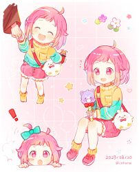  ! 1boy 1girl 2023 :d :o ^_^ aged_down ahoge animal_bag ankle_socks aqua_bow aqua_sweater atashi-tachi_no_happy_end_(project_sekai) bag balloon bare_legs blush_stickers bow child closed_eyes cohana dated flower frilled_shorts frills full_body grandfather_and_granddaughter grid_background hair_bow hair_flaps hashtag-only_commentary heart highres holding holding_hands holding_toy invisible_chair long_sleeves looking_at_viewer multiple_views no_pupils no_shoes one_side_up ootori_emu ootori_rakunosuke open_mouth orange_socks orange_sweater outline pink_background pink_eyes pink_flower pink_hair pink_shoes pink_shorts project_sekai puffy_long_sleeves puffy_shorts puffy_sleeves shoes short_bangs short_hair shorts shoulder_bag simple_background single_blush_sticker sitting smile socks standing star_(symbol) sweater tongue toy two-tone_sweater white_flower white_outline 