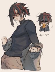  1boy alternate_costume anton_ivanov black_hair black_shirt blush brown_background brown_pants chibi coat cowboy_shot cup drinking from_side glasses grey_coat hair_between_eyes highres holding holding_cup looking_at_viewer male_focus multicolored_hair pants red_eyes red_streaks shirt short_hair solo turtleneck turtleneck_shirt twitter_username undressing yasiro_hayate zenless_zone_zero 