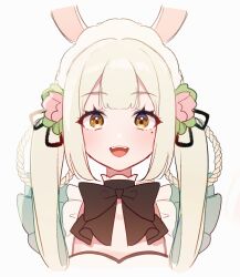  1girl animal_ears black_bow black_bowtie bow bowtie brown_eyes character_request commentary cropped_shoulders double-parted_bangs english_commentary flower hair_flower hair_ornament highres indie_virtual_youtuber long_hair looking_at_viewer mole mole_under_eye nrnmarie open_mouth rabbit_ears rabbit_girl rabbit_tail simple_background smile solo tail twintails virtual_youtuber white_background white_hair 
