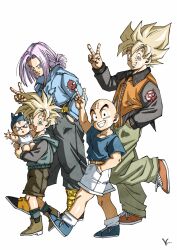  5boys baby bald black_jacket black_pants black_shorts blonde_hair blue_eyes blue_jacket blue_shirt carrying carrying_baby carrying_person dragon_ball dragon_ball_z from_side full_body green_eyes green_pants group_picture hand_in_pocket highres jacket kakeru_(dbskakeru) kuririn looking_at_viewer medium_hair multicolored_jacket multiple_boys number_pun orange_jacket pants purple_hair shirt short_hair shorts simple_background son_gohan son_goku super_saiyan super_saiyan_1 trunks_(dragon_ball) trunks_(future)_(dragon_ball) two-tone_jacket white_background white_shorts 