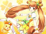  1girl :d blush clover cure_rosetta dokidoki!_precure nimame_(chickbeans) open_mouth orange_eyes orange_hair outstretched_arms outstretched_hand precure rance_(dokidoki!_precure) smile solo twintails yotsuba_alice 