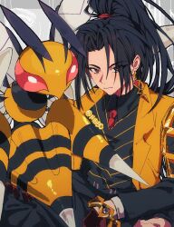  1boy bee beedrill black_hair black_pants black_shirt black_vest bug closed_mouth coat collared_shirt contempt_awe_(e.g.o) crossover e.g.o_(project_moon) earrings gloves gold_jewelry grey_background high_ponytail highres jewelry jia_huan_(project_moon) limbus_company long_hair long_sleeves looking_at_viewer male_focus mega_beedrill necktie open_clothes open_coat pants pokemon pokemon_(creature) ponytail project_moon qiluge red_eyes red_gloves red_necktie shirt sitting stinger twitter_username vest yellow_coat 