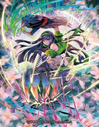  1girl black_hair claw_(weapon) closed_mouth copyright_notice green_headband green_jacket headband jacket long_hair looking_at_viewer moreshan official_art pants sidelocks smile solo very_long_hair weapon white_pants wixoss yellow_eyes yuzuki_(wixoss) 