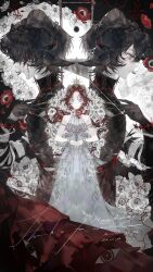  1girl 2boys absurdres black_hair dress flower gloves hair_flower hair_ornament heilanshuimuchu highres horns long_hair looking_at_viewer multiple_boys original red_hair rose short_hair white_dress white_flower 