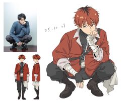  1boy bandaged_arm bandaged_hand bandages black_boots black_gloves black_hair black_pants black_shirt boots dated fingerless_gloves full_body gloves hair_between_eyes head_on_hand jacket moko_moko_916 multicolored_hair pants red_eyes red_hair red_jacket reference_inset shirt short_hair solo sousou_no_frieren squatting stark_(sousou_no_frieren) two-tone_hair white_background 