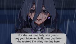  1girl bags_under_eyes black_dress black_eyes black_hair blurry blurry_background chainsaw_man commentary dress earrings empty_eyes english_commentary english_text eyelashes hair_between_eyes half-closed_eyes heads-up_display hex_maniac_(pokemon) hex_maniac_(pokemon_legends:_z-a) highres jewelry large_earrings long_hair long_sleeves looking_at_viewer makeup neck_ribbon outdoors overcast pokemon pokemon_legends:_z-a puffy_sleeves purple_ribbon rain red_lips reze&#039;s_eye_twitch_(chainsaw_man) ribbon romulproduce runny_makeup sky solo sphere_earrings user_interface wet wet_hair 