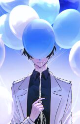  1boy balloon black_hair black_shirt censored censored_identity coat collared_shirt facing_viewer highres holding holding_balloon kim_dokja male_focus muzililsp omniscient_reader&#039;s_viewpoint open_clothes open_coat popped_collar shirt short_hair smile solo too_many_balloons upper_body white_coat 