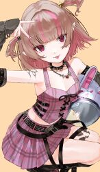  1girl :p absurdres animal_ears animal_helmet arm_belt arm_strap arm_up bare_shoulders belt belt_buckle black_arm_warmers black_belt black_collar black_leg_warmers black_straps blunt_bangs blush buckle chain chain_bracelet chain_necklace collar collarbone colored_inner_hair crop_top cross-laced_clothes cross-laced_top ear_cuffs fake_animal_ears full_body grey_hair hair_bobbles hair_intakes hair_ornament helmet highres holding holding_unworn_helmet jewelry leg_belt leg_tattoo leg_warmers looking_at_viewer loose_belt makaino_ririmu makaino_ririmu_(6th_costume) midriff miniskirt multicolored_hair multiple_belts necklace nijisanji no_headwear no_jacket o-ring_collar pendant pink_hair pink_shoes pink_skirt pink_streaks plaid_clothes plaid_skirt pleated_skirt pointy_ears rabbit_ears red_eyes shoes short_hair shoulder_tattoo simple_background skirt sleeveless smile solo space_helmet spiked_collar spikes squatting star_(symbol) star_hair_ornament sticker streaked_hair studded_belt tattoo thigh_strap tongue tongue_out two-tone_hair two_side_up tyakemaro unworn_headwear unworn_helmet v virtual_youtuber white_helmet winged_heart winged_heart_tattoo wolf_cut yellow_background zipper_top 