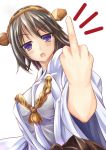  1girl bare_shoulders breasts brown_hair hairband headgear hiei_(kantai_collection) highres japanese_clothes kantai_collection middle_finger open_mouth personification seuma short_hair solo violet_eyes white_background 
