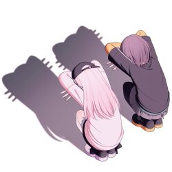  1girl 1other akiyama_mizuki baseball_cap black_hat black_skirt bokutachi_no_seizon_tousou_(project_sekai) boots brown_hair cat_shadow_puppet_(meme) crossed_arms different_shadow double_w english_commentary facing_away from_behind grey_skirt hair_down hat highres meme mutu_(25love) official_alternate_costume official_alternate_hair_length official_alternate_hairstyle photo-referenced pink_hair pink_shirt project_sekai shadow shadow_puppet shinonome_ena shirt shorts skirt squatting w 