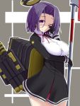  1girl breasts kantai_collection kichi8 large_breasts looking_at_viewer mechanical_halo personification polearm purple_hair short_hair skirt smile solo tatsuta_(kantai_collection) thighs violet_eyes weapon wink 