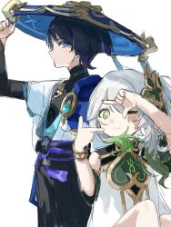  1boy 1girl 624_itumo aqua_gemstone armlet asymmetrical_sidelocks black_bodysuit black_bow black_bridal_gauntlets black_hair black_shorts blue_hat blue_kimono blue_sleeves blunt_ends bodysuit bow bracelet bridal_gauntlets bright_pupils cape clenched_hand closed_mouth cross-shaped_pupils dress expressionless feathers finger_frame gem genshin_impact gold gold_trim green_eyes green_gemstone green_sleeves hand_up hands_up hat highres japanese_clothes jewelry jingasa juban kimono layered_sleeves long_hair looking_at_viewer looking_to_the_side nahida_(genshin_impact) one_eye_closed open_clothes open_kimono pom_pom_(clothes) purple_cape purple_rope purple_sash rope sash scaramouche_(genshin_impact) short_sleeves shorts side_ponytail sidelocks sideways_mouth sketch swept_bangs symbol-shaped_pupils tareme tassel tilted_headwear tsurime turtleneck turtleneck_bodysuit violet_eyes vision_(genshin_impact) wanderer_(genshin_impact) white_background white_dress white_hair white_kimono white_pupils white_sleeves yellow_feathers 