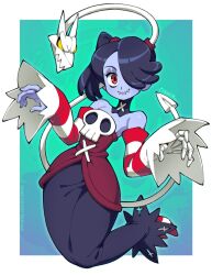  1girl bare_shoulders blue_hair blue_skin colored_skin detached_collar detached_sleeves hair_over_one_eye leviathan_(skullgirls) long_hair looking_at_viewer object_through_head qewie red_eyes side_ponytail skirt skull skullgirls smile squigly_(skullgirls) stitched_mouth stitches striped_clothes striped_sleeves yellow_eyes zombie 