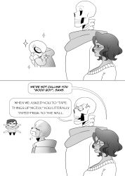  1girl 1other 2024 2boys 2d 2koma =_= absurdres ambiguous_gender blue_jacket brothers child closed_eyes comic commission commissioner_insert crying curly_hair dark-skinned_female dark_skin digital_media english_text female frisk_(undertale) glasses grey_hood highres hood hood_down hooded_jacket human humanoid i&#039;m_not_calling_you_&quot;good_boy&quot;_(meme) jacket kid_taped_to_wall_(meme) male maxbruiser meme mole mole_above_mouth monochrome monster monster_boy multiple_boys open_clothes open_jacket original original_character papyrus_(font) papyrus_(undertale) sans_(undertale) second-party_source sequential shirt short_hair siblings skeleton sparkle sparkling_eyes speech_bubble striped_clothes striped_shirt sweater tears teeth text undead undertale utdr_(toby_fox) white_shirt 