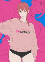  1girl absurdres artist_name black_shorts braid braided_ponytail chainsaw_man commentary dolphin_shorts english_commentary hair_over_shoulder hand_on_own_hip highres makima_(chainsaw_man) micro_shorts orange_eyes patreon_logo patreon_username pink_lips pink_sweater red_hair ringed_eyes shorts sidelocks single_braid smile sweater virtuware 
