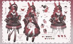  1girl absurdres animal_ears bandaged_leg bandages black_bonnet black_dress black_gloves black_hat bonnet boots cyano dress frilled_sleeves frills full_body gloves green_eyes hat highres holding holding_lantern lace-up_boots lantern long_hair long_sleeves multiple_views no_mouth original rabbit_ears rabbit_girl red_hair thigh_boots white_boots 