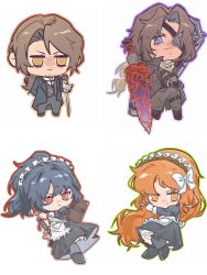  2boys 2girls apron arm_behind_back bag beard_stubble black_coat black_dress black_hair black_vest bow chibi chibi_only coat collared_shirt curtained_hair double-parted_bangs dress eyepatch facial_hair full_body gloves greatsword gregor_(project_moon) hair_bow hairband hand_on_sheath heathcliff_(project_moon) highres holding holding_knife holding_polearm holding_weapon ishmael_(project_moon) knife lance limbus_company long_hair maid_headdress multiple_boys multiple_girls narrowed_eyes official_alternate_costume orange_hair planted planted_sword polearm ponytail project_moon qilin1689 ryoshu_(project_moon) scarf serious shirt shoulder_bag smirk stubble sword vest violet_eyes weapon white_apron white_gloves white_shirt wuthering_heights_(identity)_(project_moon) yellow_eyes 