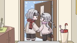  2girls :d black_hair black_pants blush_stickers braid braided_bangs brown_jacket brown_shoes chibi closed_umbrella commentary_request eye_contact fang fringe_trim grey_hair grey_jacket hair_ornament highres hololive jacket long_hair long_sleeves looking_at_another mochimiko multicolored_hair multiple_girls open_door pants pink_scarf pink_umbrella plaid_clothes plaid_scarf puffy_long_sleeves puffy_sleeves red_eyes red_scarf red_umbrella sakamata_chloe scarf shoe_soles shoes siblings sisters smile snowflakes streaked_hair twintails umbrella very_long_hair virtual_youtuber x_hair_ornament 