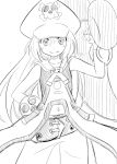  1girl anchor belt fang flat_chest guilty_gear guilty_gear_xrd hand_on_hip hat lineart long_hair may_(guilty_gear) monochrome navel over_shoulder pants pirate_hat ponkotsu smile solo weapon weapon_over_shoulder 