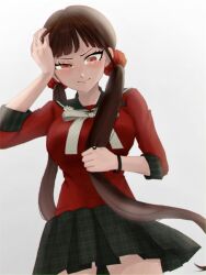  1girl black_sailor_collar black_skirt blush bow bowtie breasts brown_hair closed_mouth cowboy_shot danganronpa_(series) danganronpa_v3:_killing_harmony drsei15 grey_background hair_ornament hair_scrunchie harukawa_maki highres large_breasts long_sleeves low_twintails plaid_clothes plaid_skirt red_scrunchie red_shirt sailor_collar scrunchie shiny_skin shirt simple_background skirt solo twintails 
