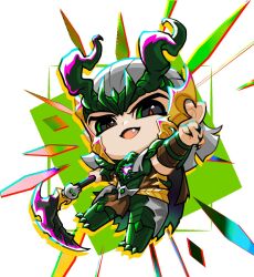  1boy :d aalure armor black_cape black_eyes brown_cape cape chibi colored_sclera fake_horns fang fingernails gradient_cape green_armor green_cape green_sclera hair_slicked_back hashtag-only_commentary heart highres holding holding_scythe holding_weapon horned_headwear horns loki_(all-butcher)_(marvel) loki_(marvel) long_hair looking_at_viewer male_focus marvel marvel_rivals official_alternate_costume open_mouth pointy_ears red_pupils scythe sharp_fingernails smile thor_(marvel)_(series) torn_cape torn_clothes weapon white_background white_hair 